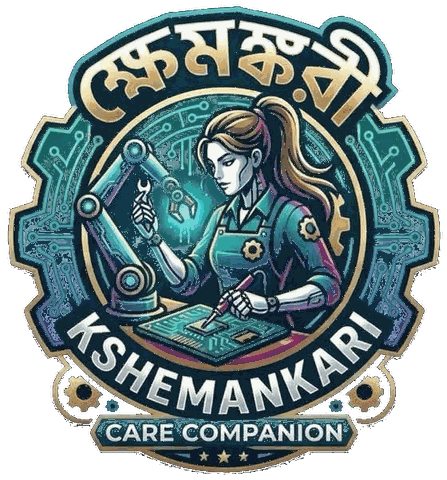 The Team Kshemankari emblem: a circular badge with the team name in Bengali script above, a student at a workbench with a robotic arm and circuit-board motifs, and the words Kshemankari and Care Companion below.